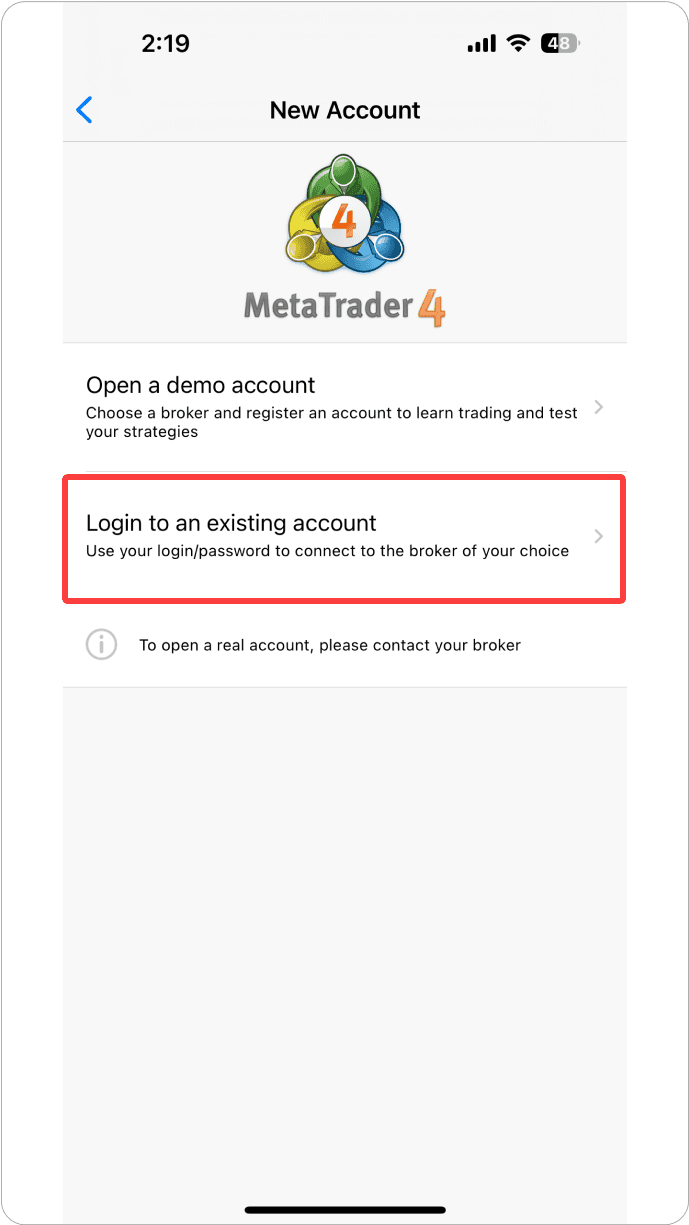 MT4 iOS - 새 계좌 로그인 종류 선택