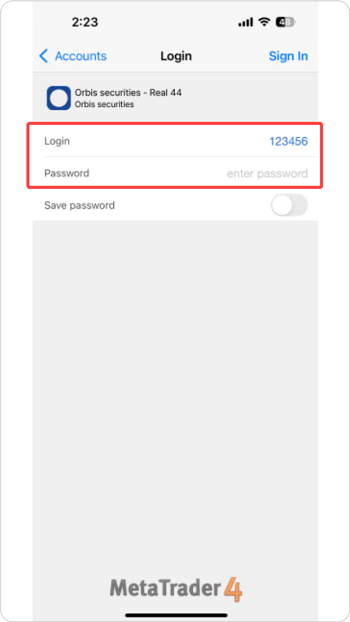 MT4 iOS - 계정 로그인 정보 입력