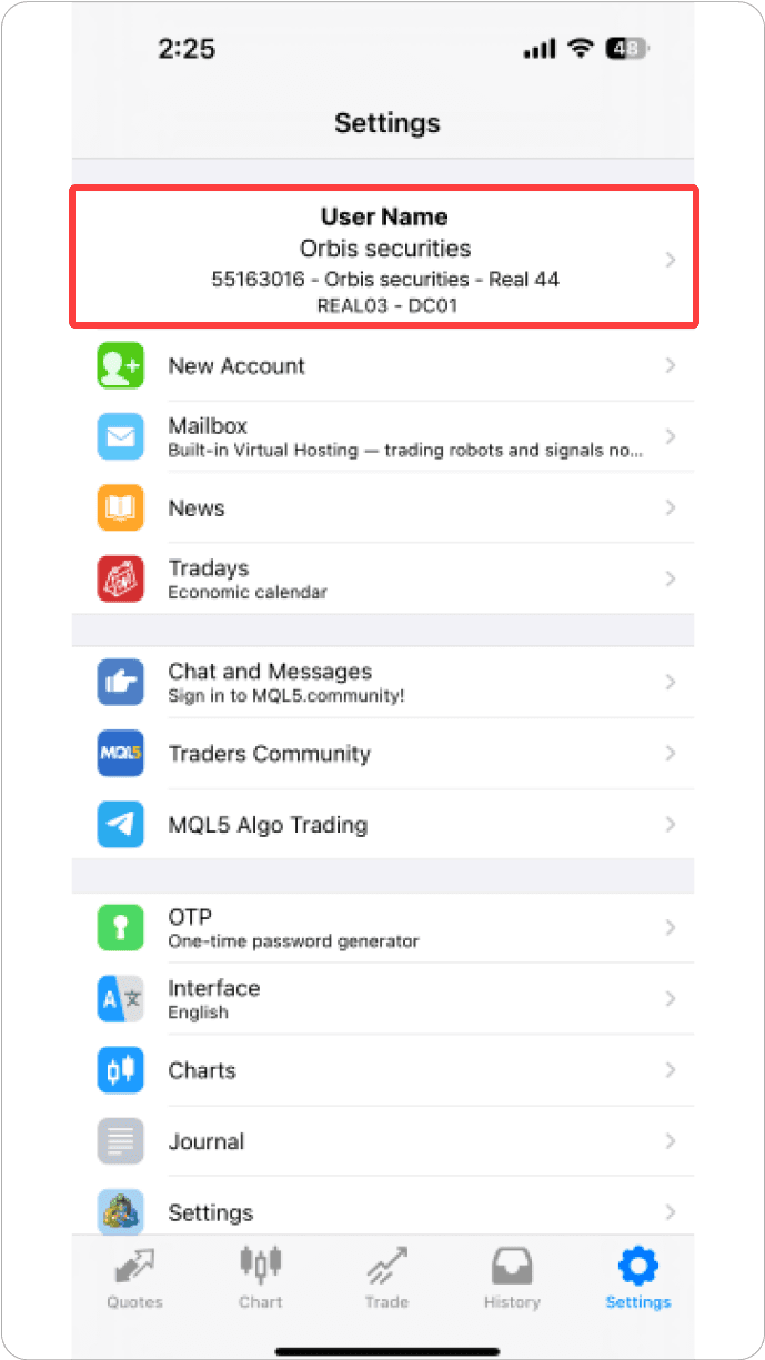 MT4 iOS - 세팅 화면