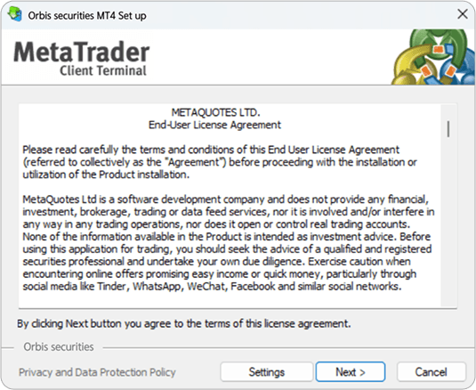 MT4 설치 - 사용자 약관 동의