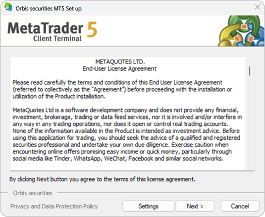 MT5 설치 - 사용자 약관 동의