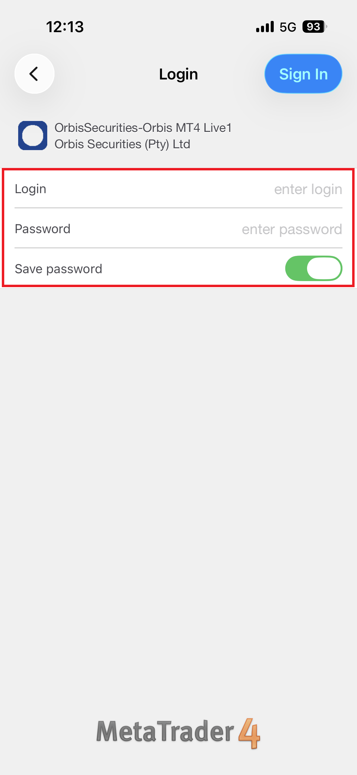 MT4 iOS - 계정 로그인 정보 입력