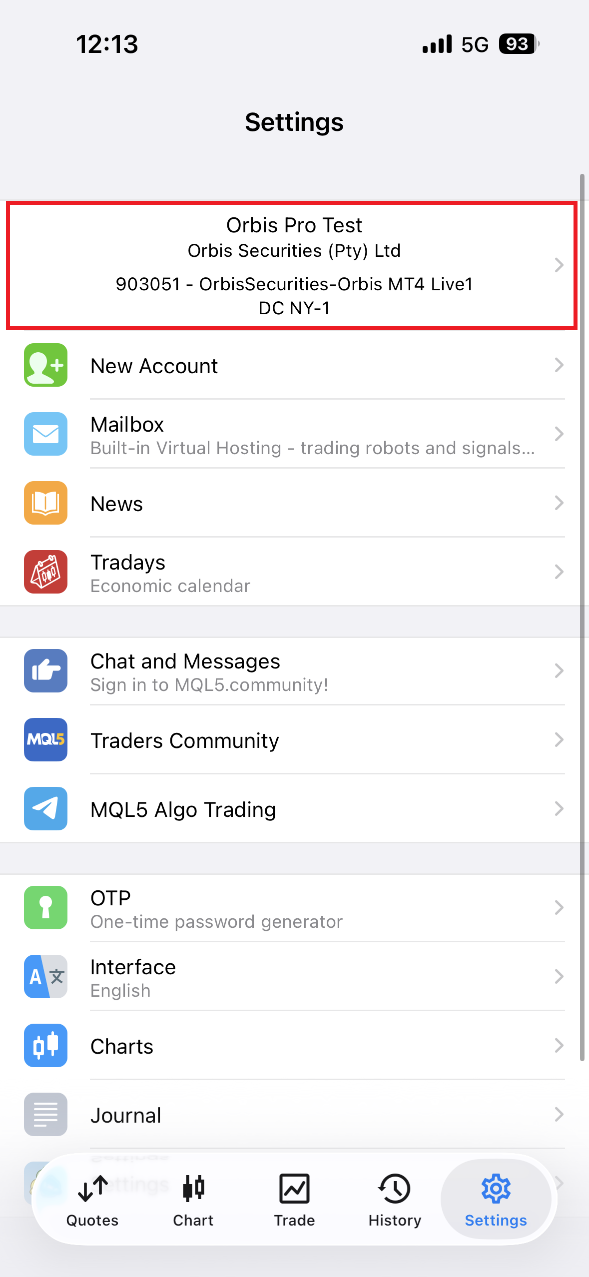 MT4 iOS - 세팅 화면