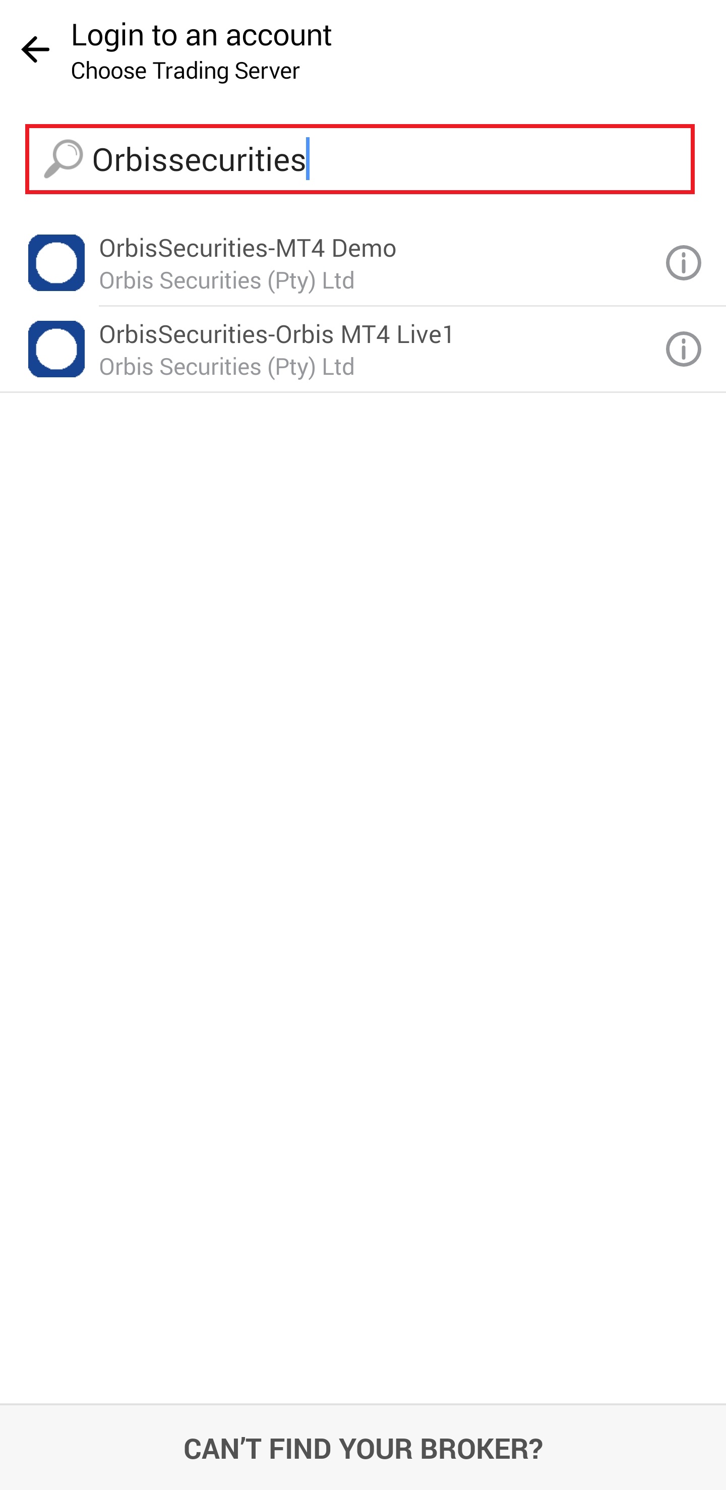 MT4 안드로이드 - 거래 서버 검색