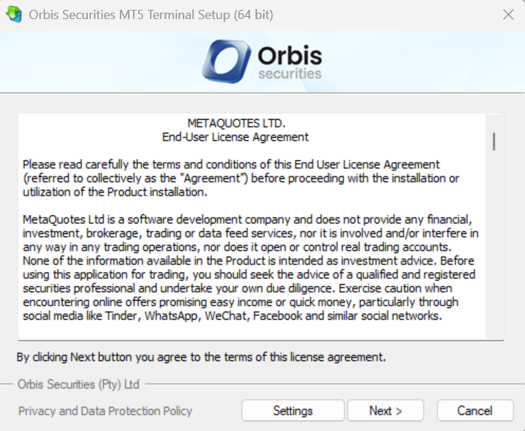 MT5 설치 - 사용자 약관 동의