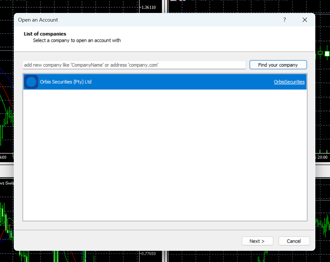 MT5 로그인 - 거래 계좌 서버 선택