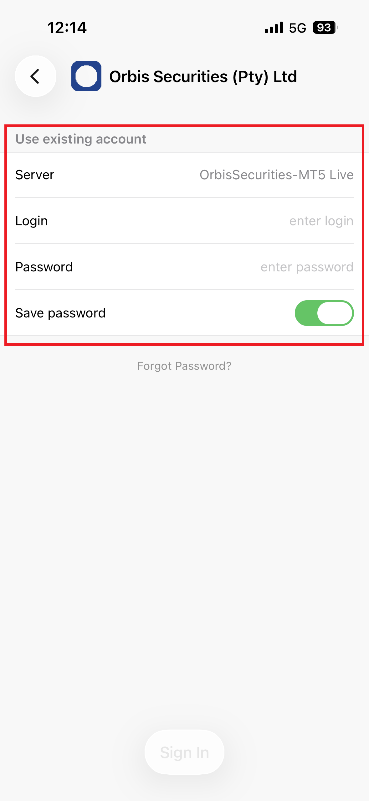 MT5 iOS - 로그인 정보 입력